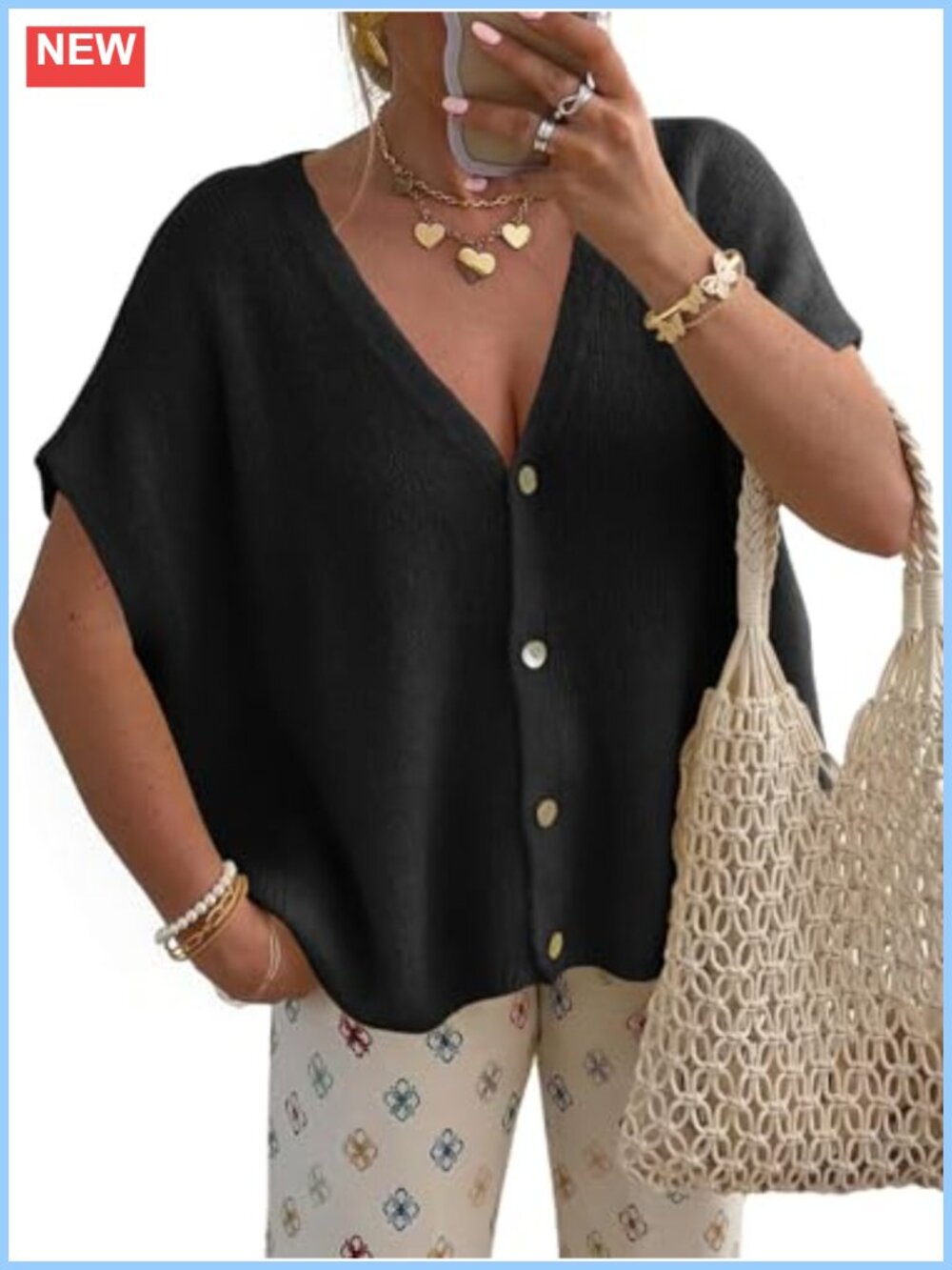 Womens Short Sleeve Cardigan Lightweight V-Neck Button Up Knit Loose Fit